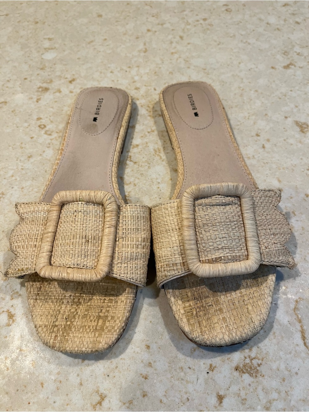 Birdies Natural Raffia Slide Mules with Buckle